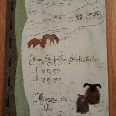 Myndanr. Z28 Forsðíðan skreytt með roði, flókakindum og roðhestum, fest saman með leðurreim og beintölum.  Marmarakarton 10 blöð með forsíðu, stærð A4.