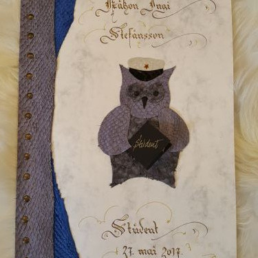 Myndanr. Z19 Forsðíðan skreytt með roði, uglan úr nílarkarfaroði og laxaroði.  hægt er að fá mismunandi lit á húfum sem hæfir tilefninu, bundið saman með hnoðum. Marmarakarton 10 blöð með forsíðu, stærð A4.