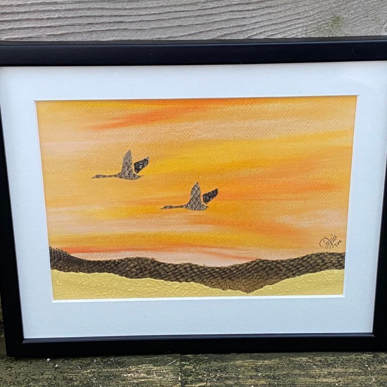 Vörunr. M2016-39 þurrpastel, laxaroð og heimagerðurpappír. Stærð 25x30 cm.   Verð. 15.000,-  seld.